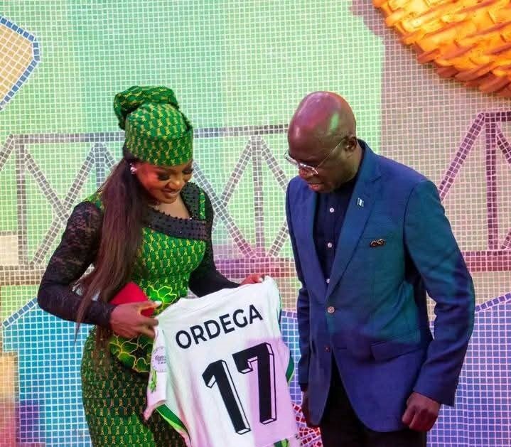 Benue governor, Hyacinth Alia honours Super Falcons' player Francesca Ordega over the team's victory in the 2025 WAFCON in Morroco