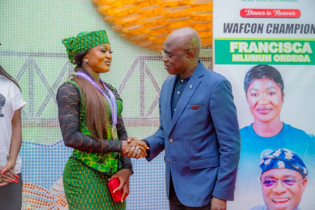 Benue governor, Hyacinth Alia honours Super Falcons' player Francesca Ordega over the team's victory in the 2025 WAFCON in Morroco