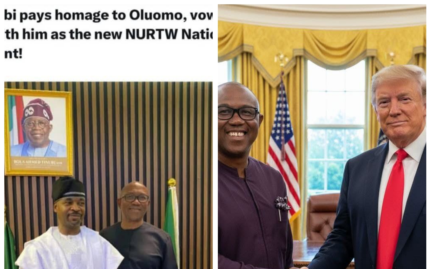 Peter Obi reacts to his alleged pictures with US President Donald Trump and Musiliu Oluomo aka MC Oluomo, the President of NURTW.
