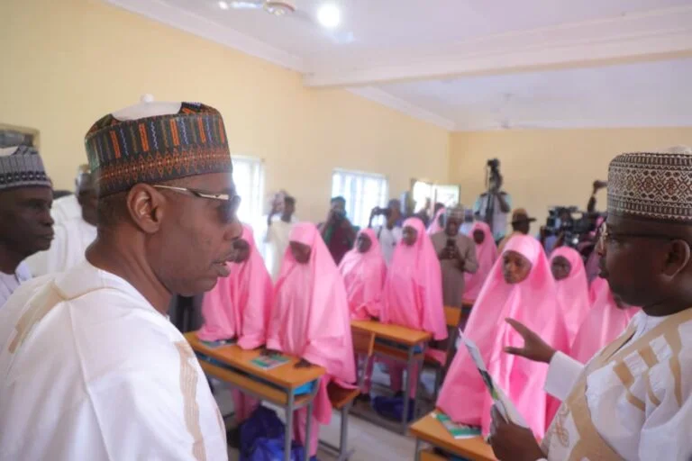 Gov. Babagana Zulum of Borno addressing students at Gajiganna on Friday