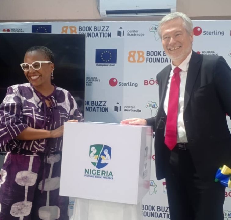 Lola Shoneyin and Gautier Mignot unveiling the Nigeria Picture Book Project