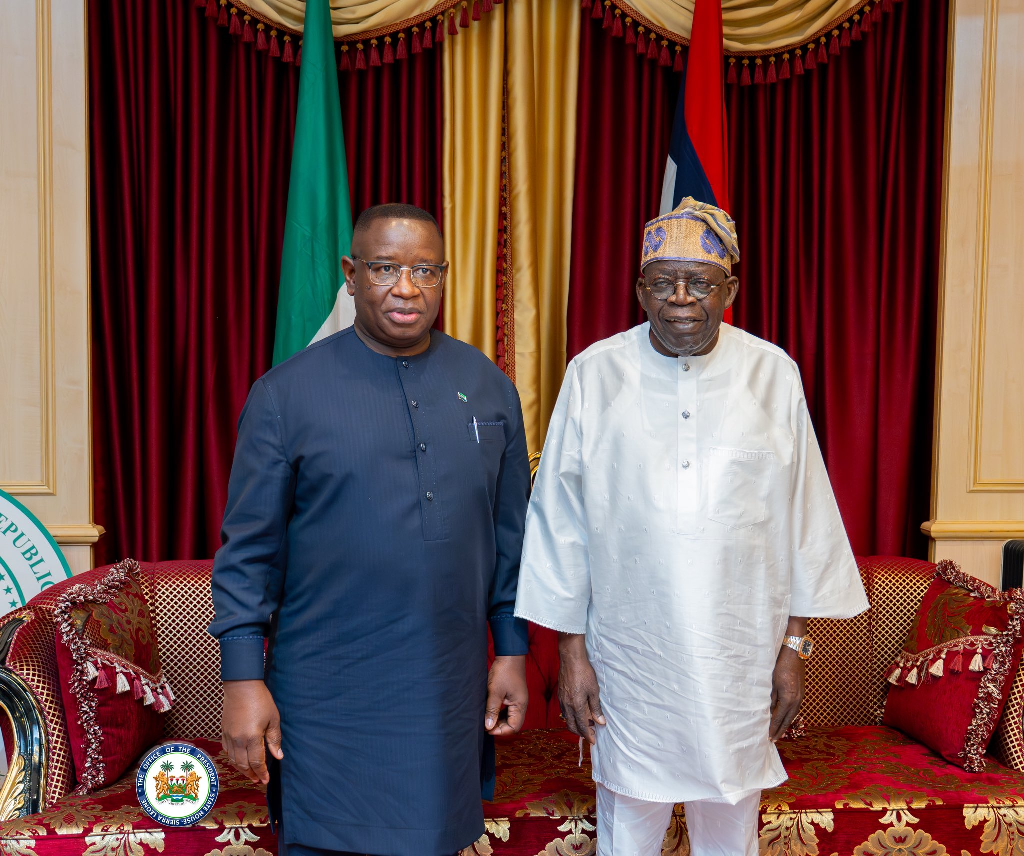 President Bola Tinubu receives President Julius Maada Bio of Sierra Leone who is also chairman of ECOWAS at the Presidential Villa, Abuja