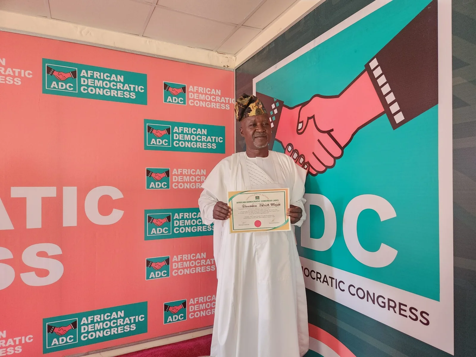 ADC presents certificate of return to Mr Oluwadare Bejide, as its flag-bearer for the June 2026 Ekiti governorship election.