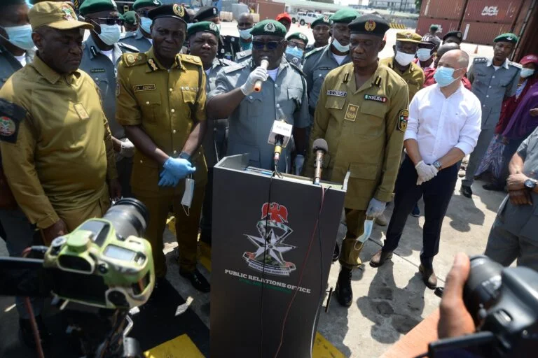 The Customs Area Controller, Ports and Terminal Multi-Service Ltd., Joe Anani and other stakeholders during the handing over of the intercepted cocaine, valued at N29.4billion, to National Drug Law Enforcement Agency in Lagos on Tuesday