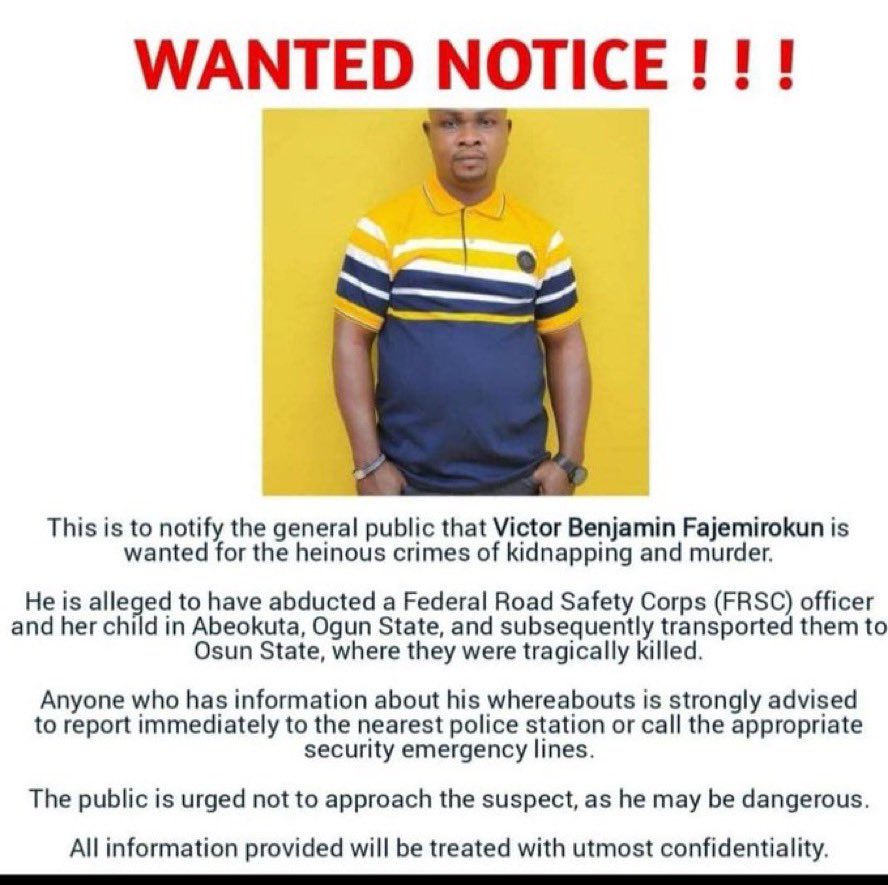 Police declare Victor Fajemirokun wanted, nab herbalist over suspected ritual killing of Ogun FRSC officer, Lasisi Oluwamayokun, daughter 