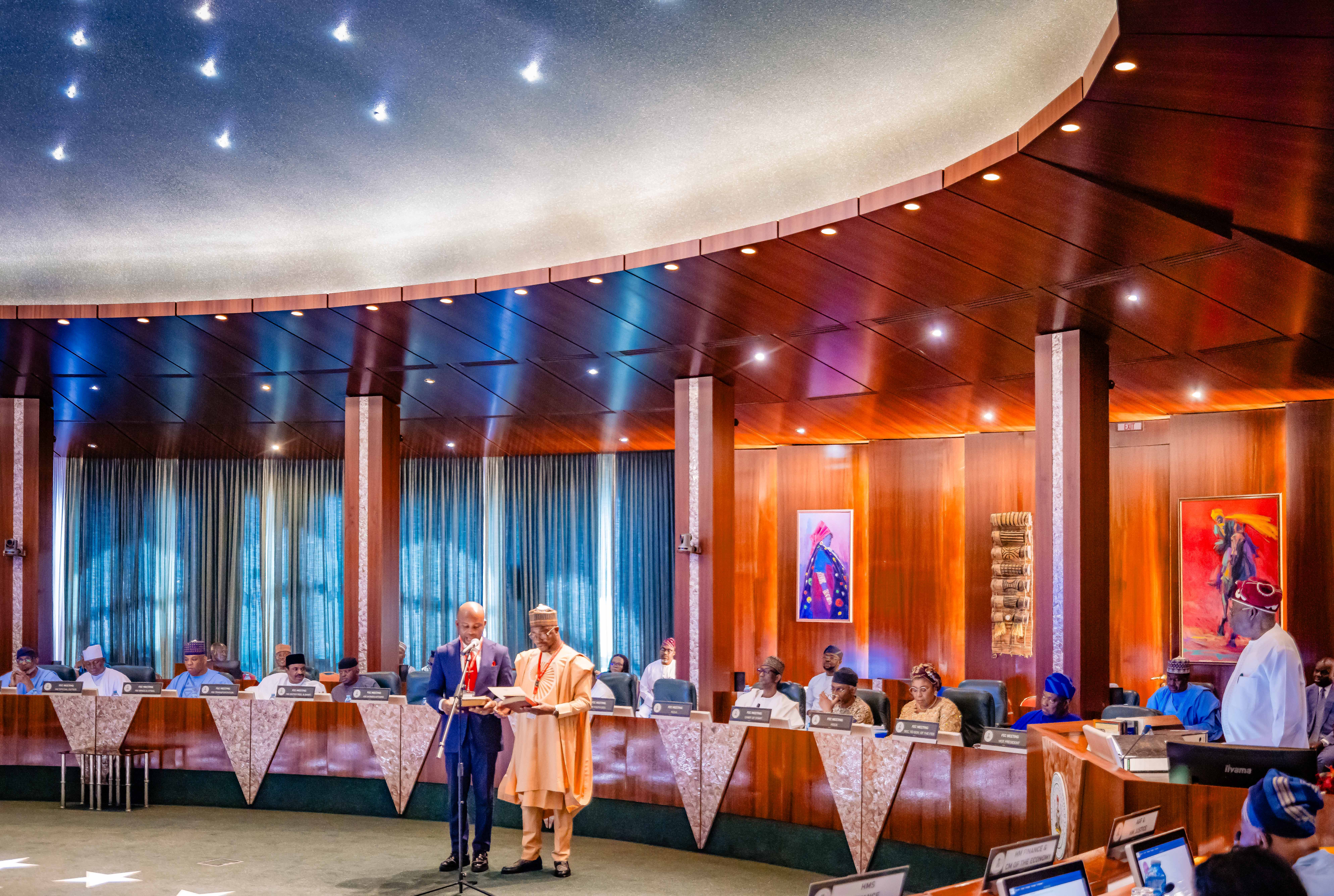 Dr Kingsley Tochukwu Udeh (SAN) and Dr Bernard Mohammed Doro taking the oath of office during the Federal Executive Council meeting in the State House, Abuja, Thursday, November 6, 2025