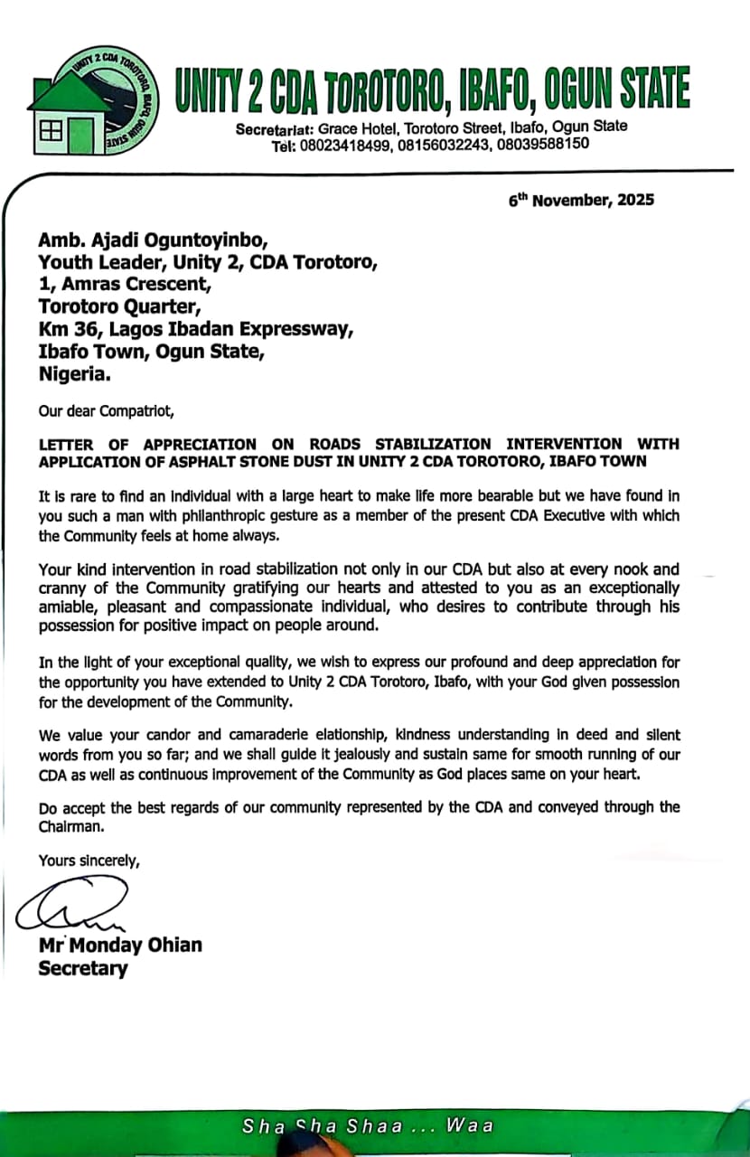 Letter of Appreciation to Amb. Ajadi from Totoro CDS.