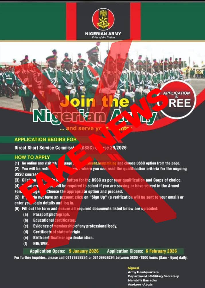 Nigeria Army urged the public to disregard the recruitment advertisement as it did not emanate from it or any of its authorized channels.