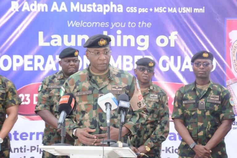 Rear Adm. Abubakar Mustapha, Theatre Commander of Joint Task Force South-West Operation, during the launching Op Ember Guard in Apapa, Lagos, on Tuesday