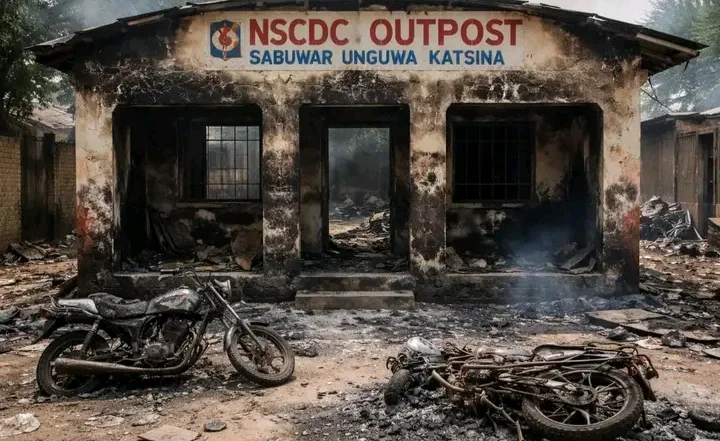 Miscreants protesting arrest of a drug peddler stormed the NSCDC outpost at Koraman Nayalli in Katsina metropolis and set the building ablaze
