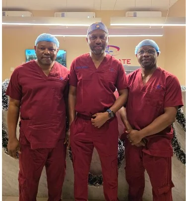 The team of Surgeons that carried out the first female Robotic Surgery at TPC, Lagos: From left: Consultant Gynaecologist, Lagos State University Teaching Hospital, LASUTH, Prof Yusuf Oshodi, The Founder of TPC, Lagos, Prof Kingsley Ekwueme and UK-based, Consultant Gynaecologist, Mr Olaolu Alalade