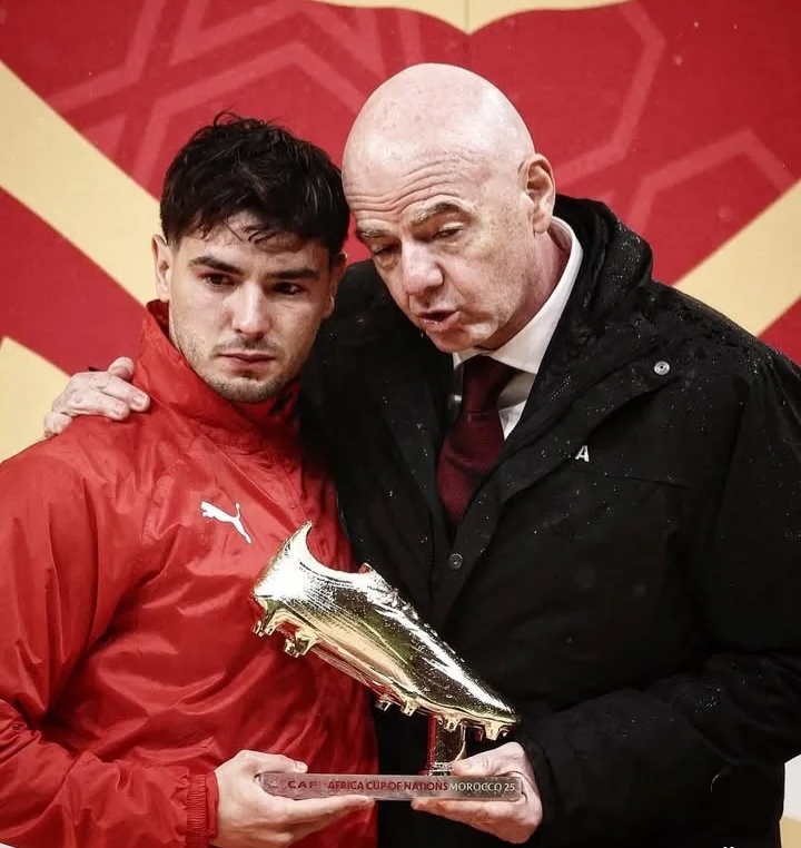 FIFA President Gianni Infantino presents the AFCON 2025 golden boot award to Morocco’s Brahim Díaz on Sunday in Rabat