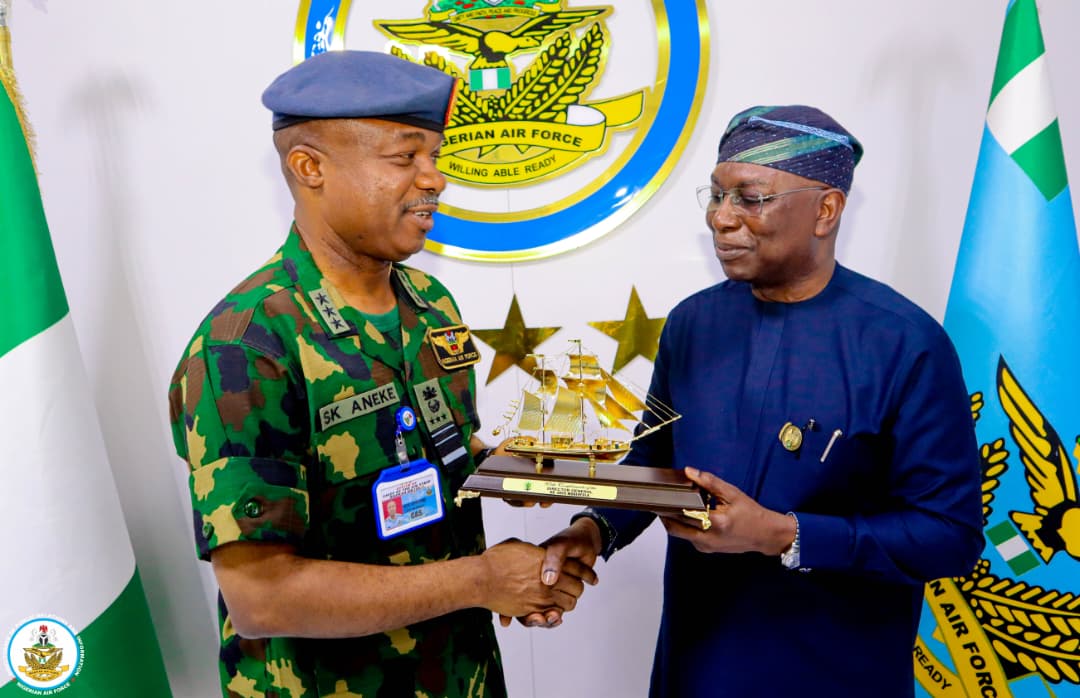 Director General, Nigerian Maritime Administration and Safety Agency, NIMASA, Dr Dayo Mobereola (left) and the Chief of Air Staff, Air Marshall S. K. Aneke during a courtesy visit by the NIMASA Director General to the Nigerian Air Force Head quarters in Abuja.