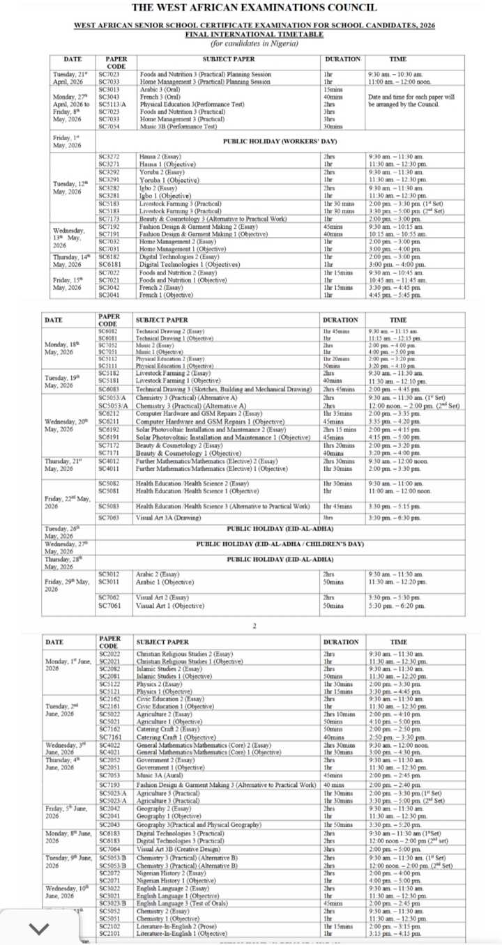 WAEC Timetable