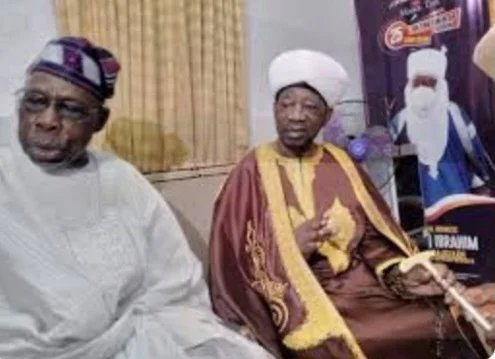 Emir of Ilorin, Alhaji Ibrahim Sulu-Gambari, greets former President Olusegun Obasanjo on his 89th birthday