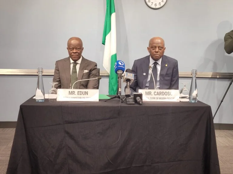 Minister of Finance/Coordinating Minister for the Economy, Wale Edun, and the Governor of the Central Bank of Nigeria, Yemi Cardoso, during a press briefing at the ongoing Spring Meetings of the World Bank and the International Monetary Fund in Washington, DC, United States.
