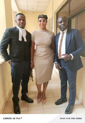 Nollywood actress, Angela Okorie, with her lawyers shortly after she was discharged of a defamation case at the Federal High Court, Abuja on Tuesday.