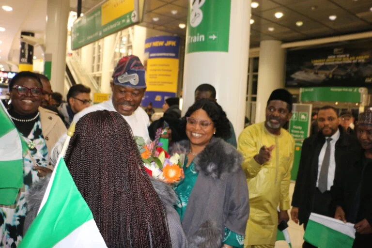 Amb. Jimoh Ibrahim, Permanent Representative of Nigeria to the UN being received by officers of the permanent mission and the Consulate General of Nigeria in New York on his arrival at the JFK Airport, New York on Friday.