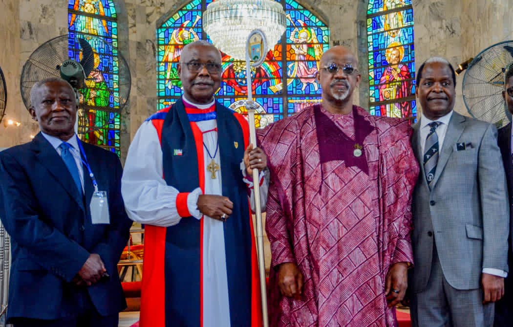 L-R: The Chancellor, Mr. Lanre Ogunlesi (SAN); Bishop of the Remo Diocese and Archbishop of the Ecclesiastical Province of Lagos, The Most Reverend Dr. Olusina Fape; Ogun State Governor, Prince Dapo Abiodun, and Akin Oshibajo (SAN), during the official opening of the first session of the 15th Synod of the Remo Anglican Diocese, themed “The Empty Tomb: An Authentic Proof of the Living Saviour, Jesus Christ,” held at Our Saviour’s Anglican Church, Ikenne, Ogun State, on Friday.