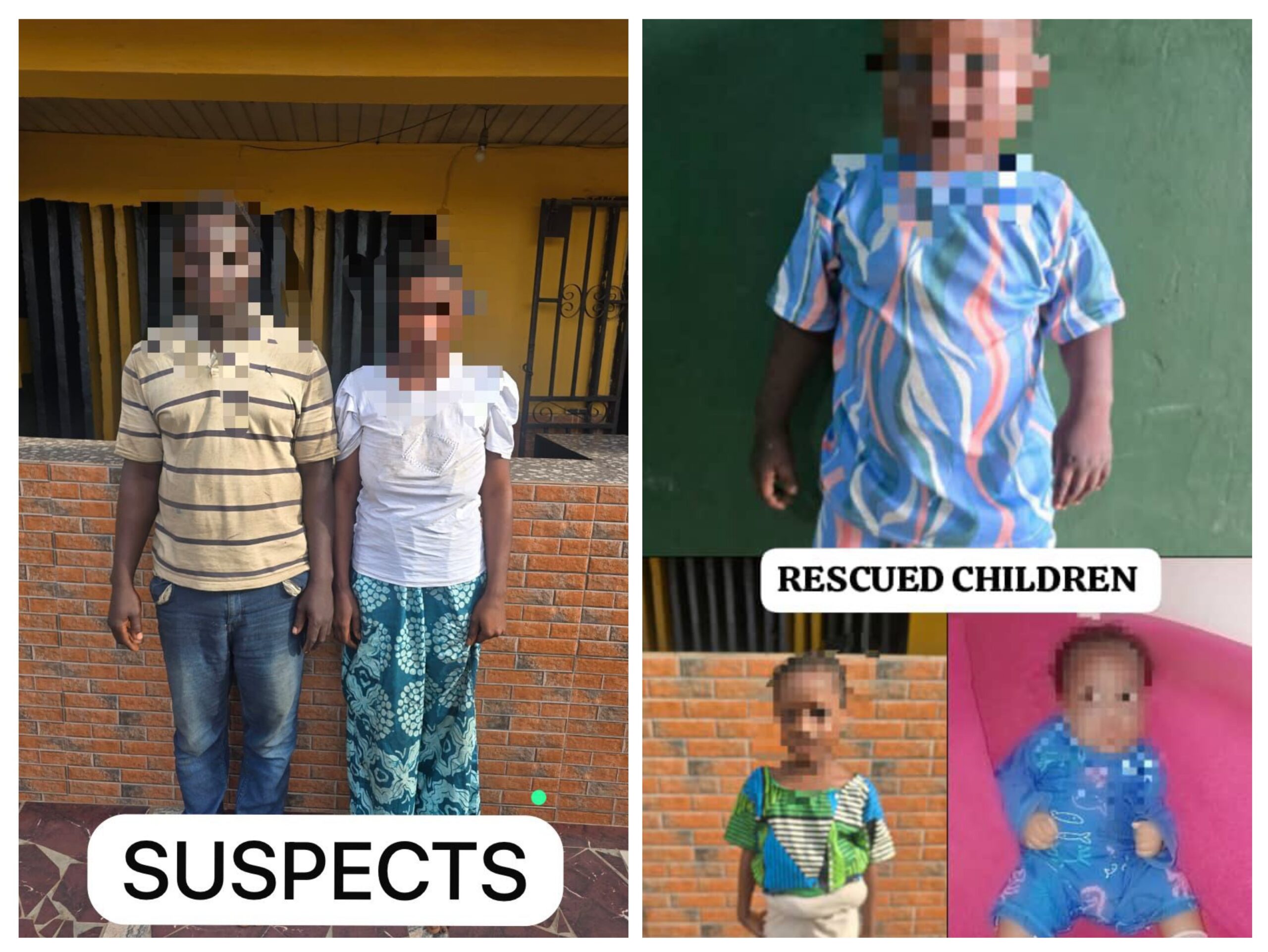 Oluwarankami Kehinde Ugochukwu and her husband, Ugochukwu Mathew and the stolen children rescued by police in Ogun