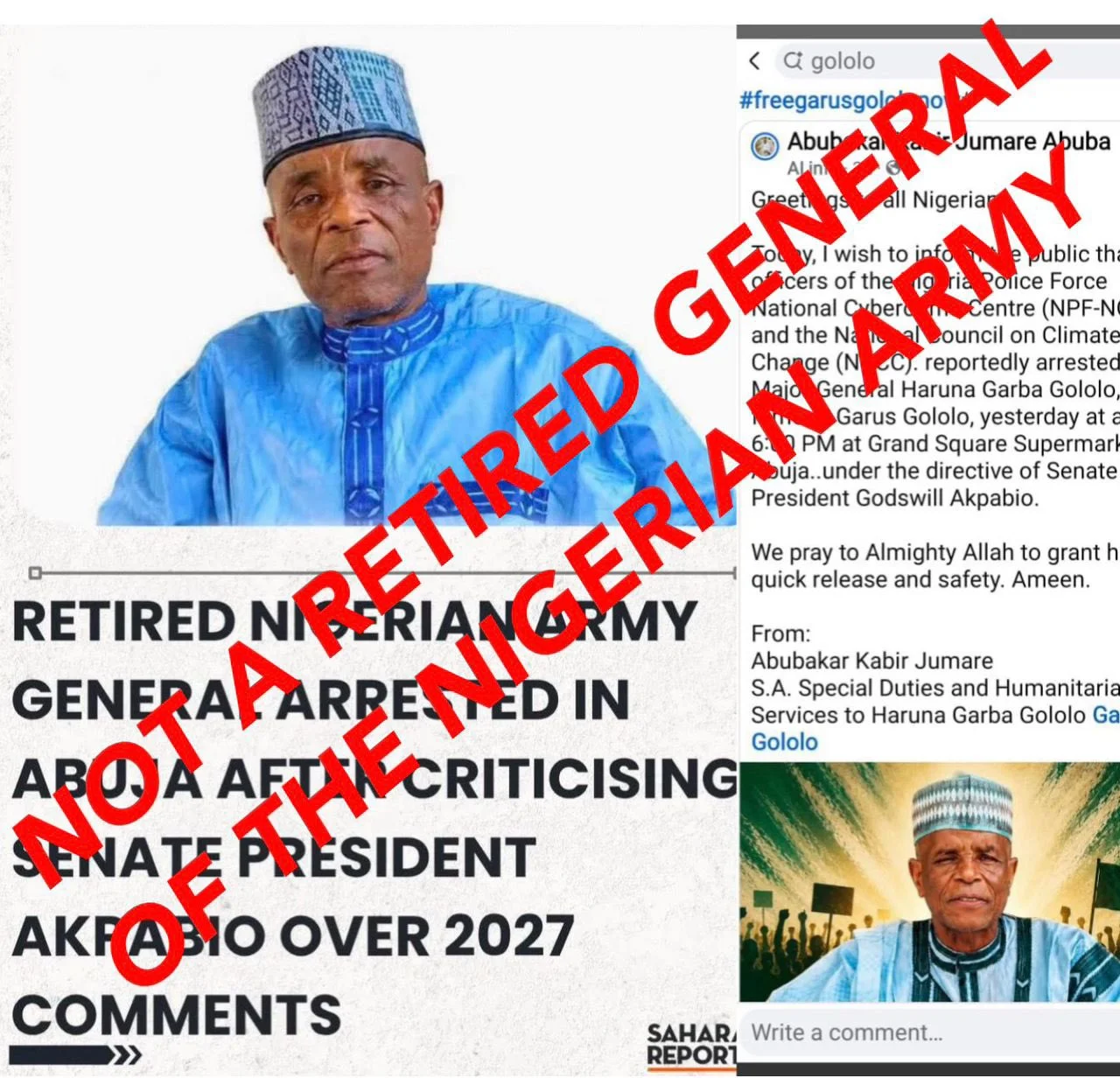 Gololo not retired army general -Army