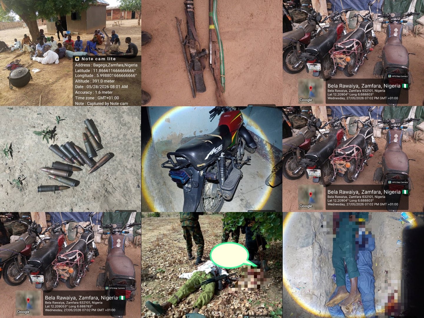 Some of the victims rescued as well as weapons and other items recovered by troops in Katsina and Zamfara operations