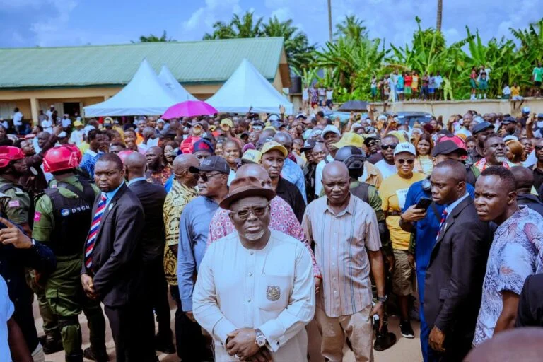 Gov. Sheriff Oborevwori standing on queue to be counted during the APC Governorship Primary at his ward in Okpe LGA of Delta on Thursday