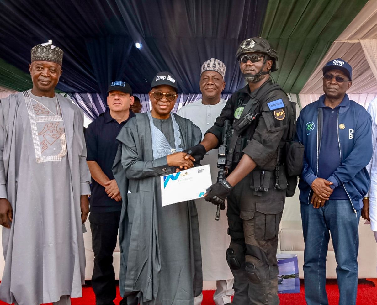 L:R: Representative of Hon Minister of Defence Special Adviser on Security to the Minister for Defence in Nigeria; Musa Likita fsi, County Director, HLSi, Mr Tal Spektor, His Excellency Minister of Marine and Blue Economy Adegboyega Oyetola CON, Director Maritime Safety and security Federal Ministry of Marine and Blue Economy; Musa Makoji, Director General Nigerian Maritime Administration and safety Agency; Dr Dayo Mobereola during a presentation of award certificate amongst Deep Blue Operational Maritime/C4i Capability Demonstration and Graduation Ceremony in Elele, Rivers State.