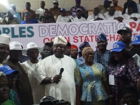 Hon Oladipupo Adebutu and his wife Yeye Adenike Adebutu with other party members