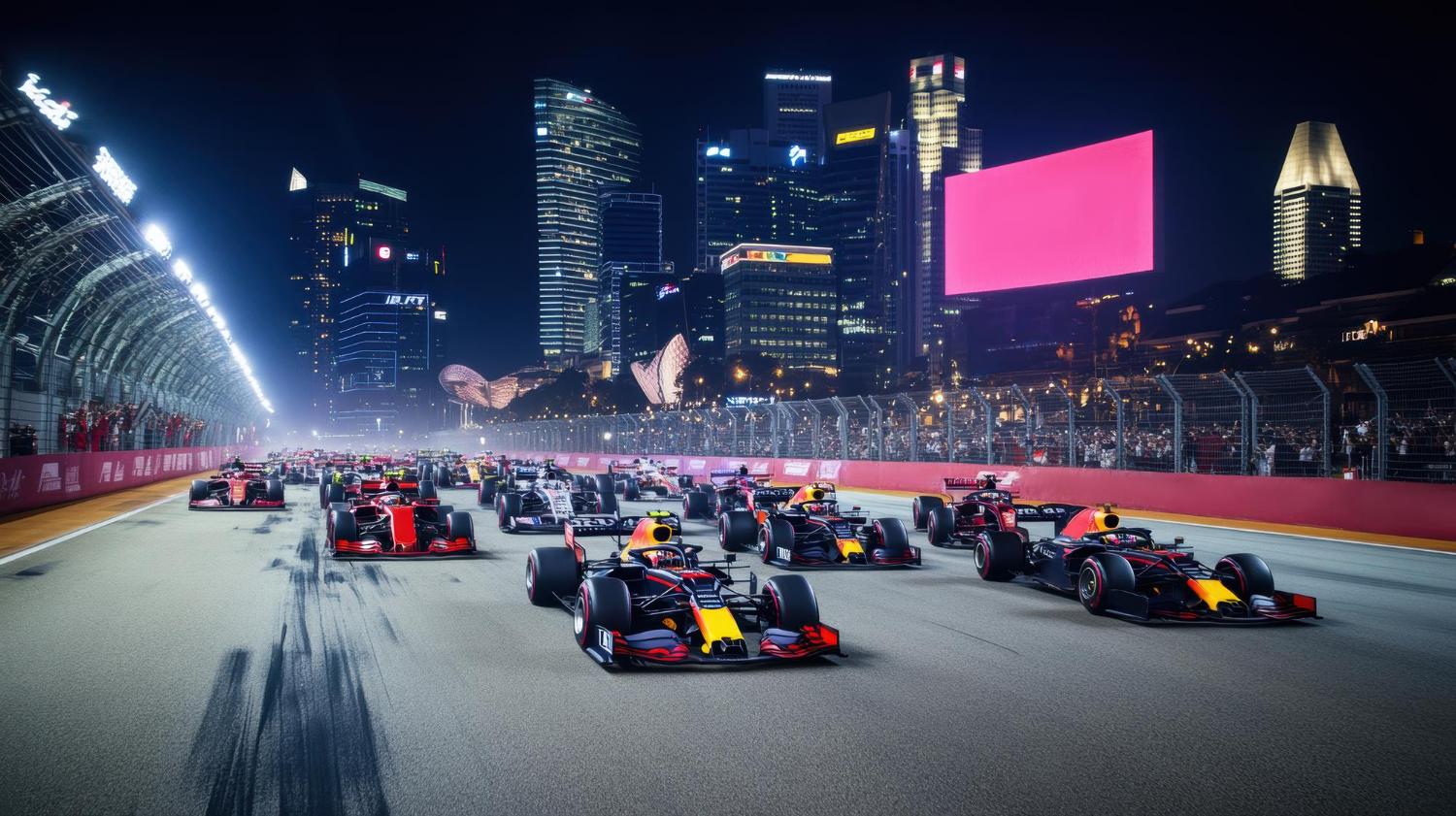 Formula 1 cars race through a city street