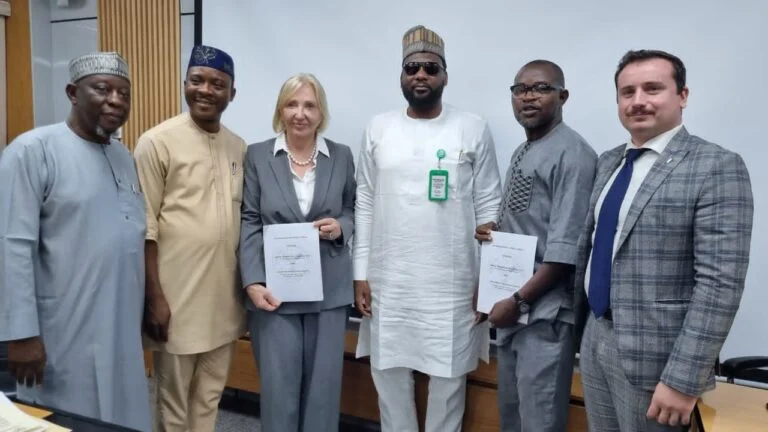 L-R: Abubakar Umar Wushishi of the RSE Engineering Nig. Ltd; Director, Electricity and Fossil Fuels, Energy Commission of Nigeria (ECN), Felix Olu; Chief Executive Officer, RSE Engineering Nig. Ltd, Olena Nedryhailo; Director-General, ECN, Dr Mustapha Abdullahi; Director of engineering, RSE Engineering Nig. Ltd, Kenneth Ogbebor; and the Second Secretary for Economic Issues, Ukrainian Embassy, David Hohiia, during the Memorandum of Understanding Signing Ceremony at the ECN Headquarters in Abuja.