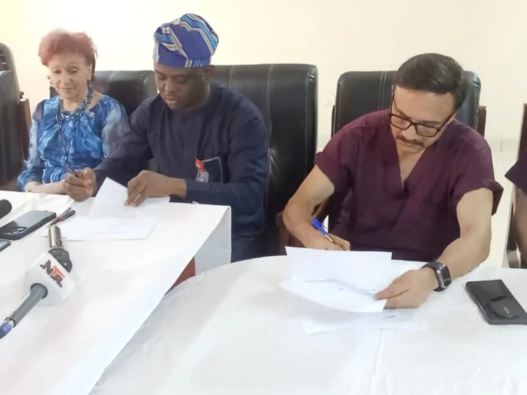 L-R The Vice-Chancellor, Afe Babalola University, Ado-Ekiti, Prof. Smaranda Olarinde, The Chief Medical Director, ABUAD Multi-System Hospital, Dr. Akin Akinmade, Representative of Manipal Hospitals, India, Dr. Rajit Sood, during the signing of MoU between the two health institutions on Friday in Ado-Ekiti