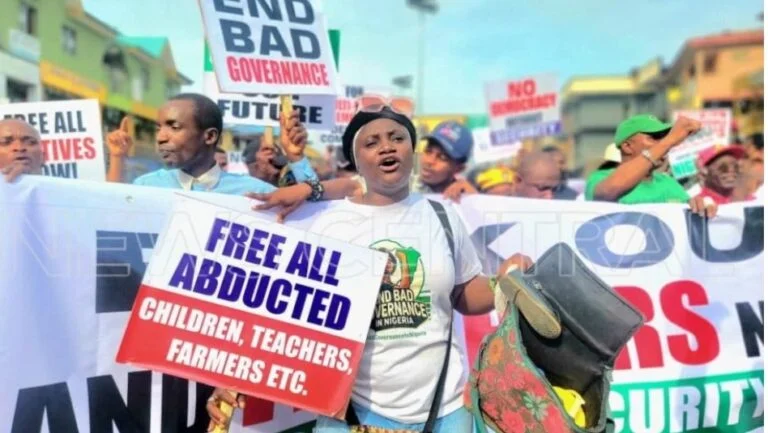 Prominent lawyer, Mr Femi Falana, his son, Falz, CSOs demands action to end insecurity, hardship in the country during protest in Lagos
