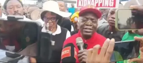 Prominent lawyer, Mr Femi Falana, his son, Falz, CSOs demands action to end insecurity, hardship in the country during protest in Lagos