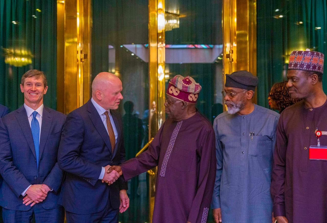 L-R: Mastercard Chief Government Affairs and Policy Officer, George Foote, Global Chief Executive Officer, Michael Miebach, President Bola Tinubu, Chief of Staff to the President, Femi Gbajabiamila and Minister for Finance and Coordinating Minister of the Economy, Taiwo Oyedele during the visit of the Mastercard Global Team to President Tinubu at the State House on Tuesday, June 23, 2026
