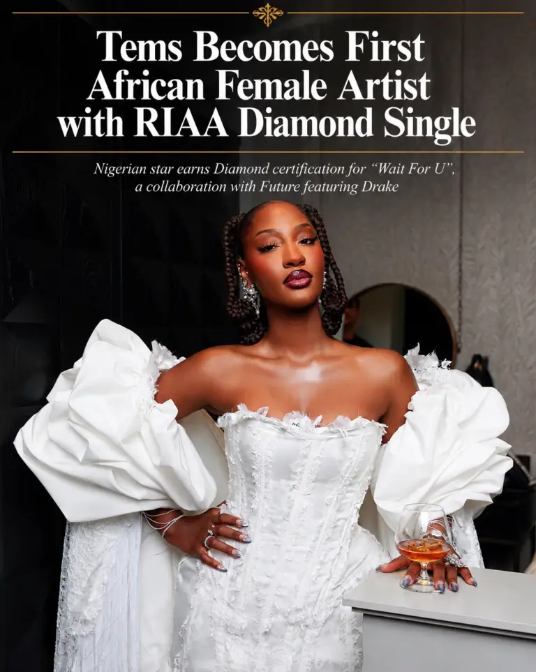 Tems becomes the first African female artist to earn a Recording Industry Association of America (RIAA) Diamond-certified single in the U.S