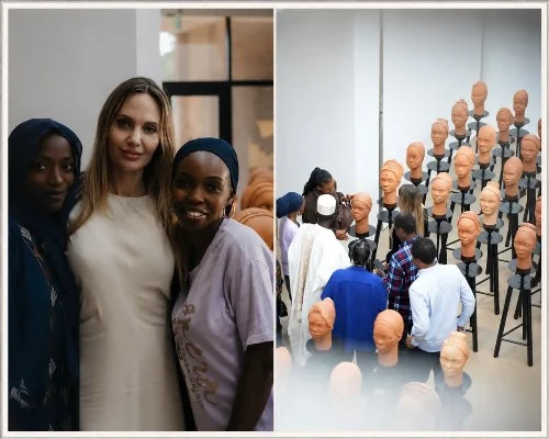 Angelina Jolie attends opening of “Statues Also Breathe,” an exhibition in Morocco in tribute to the Chibok schoolgirls who remain missing