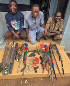 Police nab three suspected cultists with nine guns, ammunition and other dangerous weapons recovered from them in Ikorodu area of Lagos